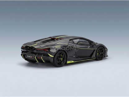 Black Lamborghini Revuelto scale model car with neon green accents, showcased by Vroomi