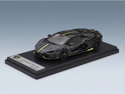 Black Lamborghini Revuelto scale model car with neon accents, displayed on a Vroomi base.