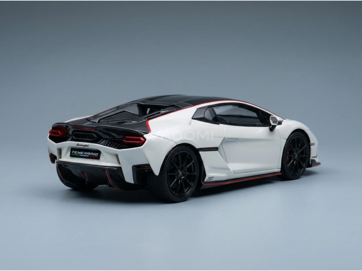 Voiture miniature Lamborghini Temerario blanche avec touches noires, présentée par Vroomi pour les collectionneurs