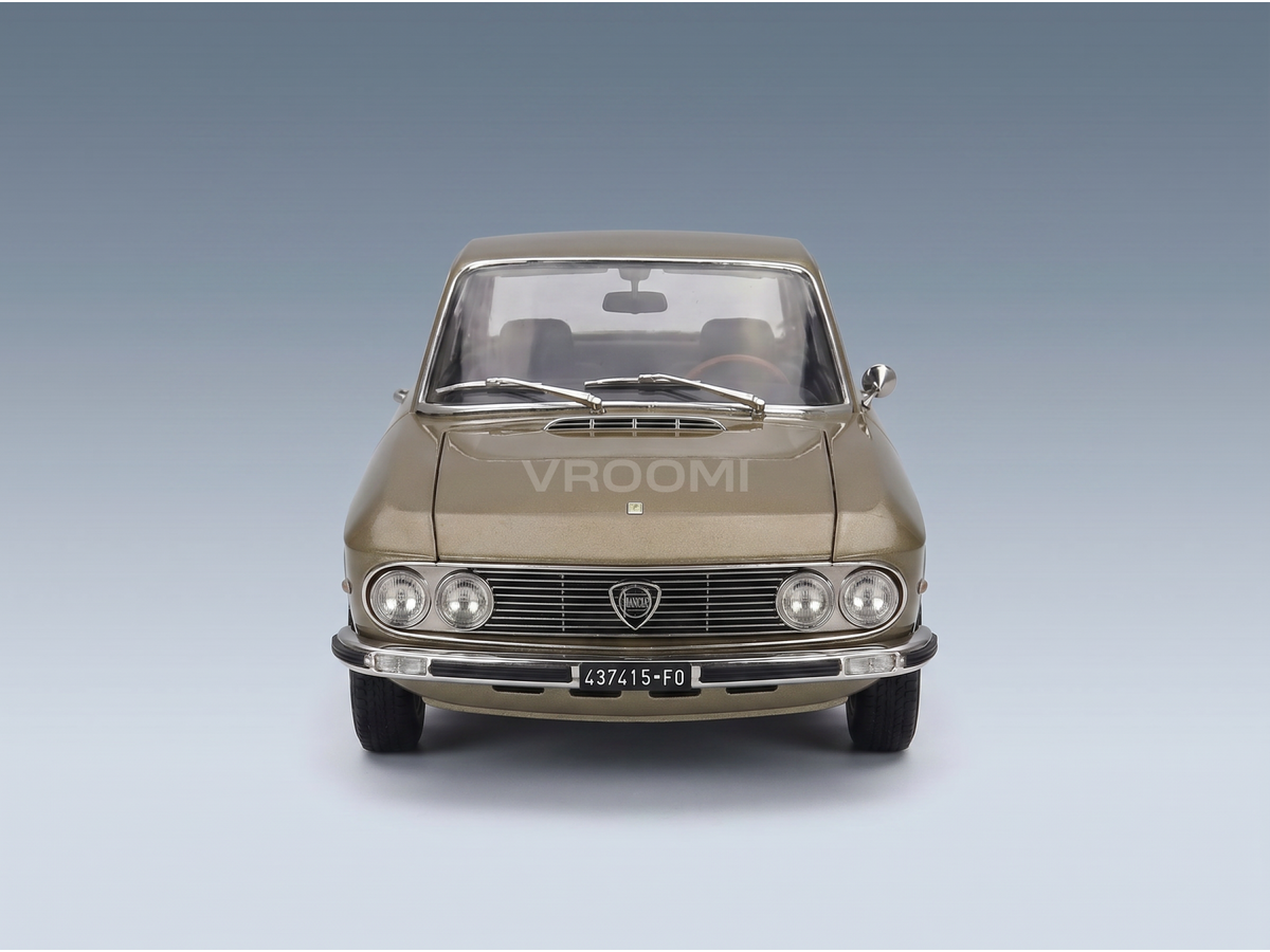 Golden Lancia scale model car with classic grille, showcased by Vroomi for collectors.