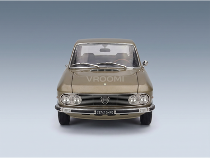 Golden Lancia scale model car with classic grille, showcased by Vroomi for collectors.