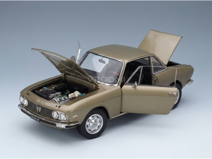 Golden scale model car with open hood and doors, showcasing detailed engine, from Vroomi