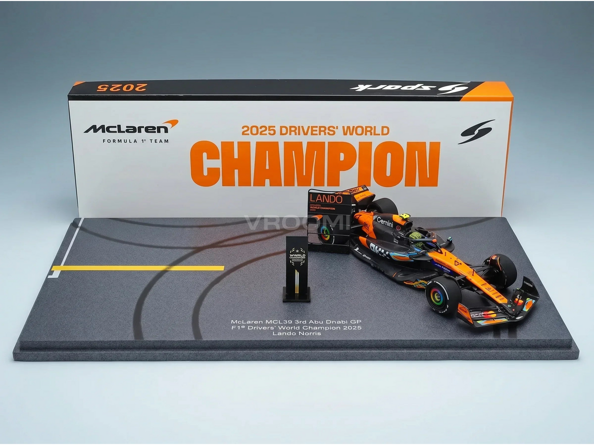 Scale model car of McLaren MCL39 2025 F1 World Champion, displayed with Vroomi branding