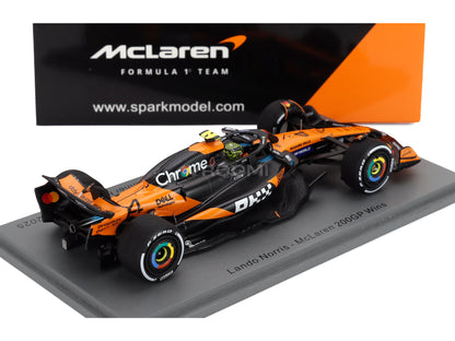 Lando Norris McLaren 200GP Wins scale model car from Vroomi, detailed orange and black F1 replica with sponsor logos.