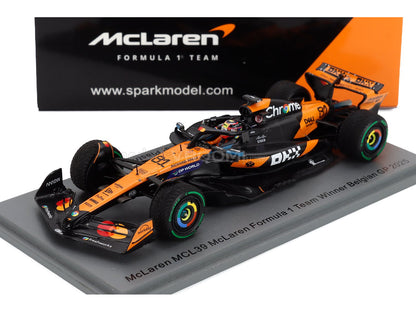 McLaren MCL39 scale model car, Belgian GP 2025 winner, displayed on Vroomi collector base