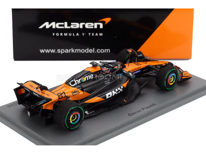 Oscar Piastri McLaren F1 scale model car by Spark, displayed on Vroomi collector base