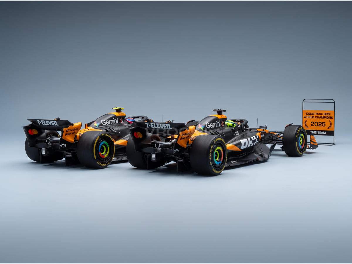 Monoplaces McLaren F1 noires et oranges avec jantes arc-en-ciel, coffret Champion Board 2025 avec Norris et Piastri