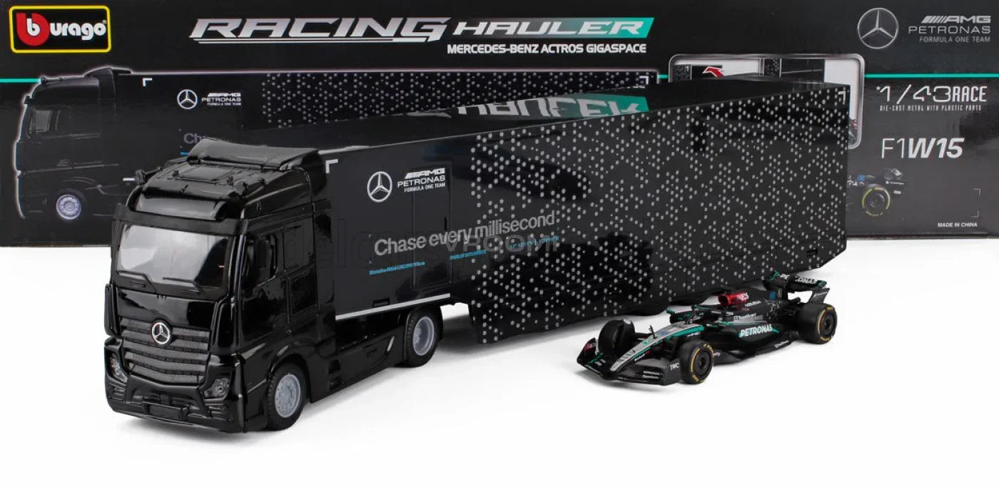 MERCEDES BENZ - ACTROS 2 GIGASPACE TRUCK CAR TRANSPORTER WITH F1 MERCEDES GP W14 TEAM MERCEDES-AMG PETRONAS FORMULA ONE SEASON 2023 GEORGE RUSSELL Scale model car on Vroomi