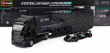 MERCEDES BENZ - ACTROS 2 GIGASPACE TRUCK CAR TRANSPORTER WITH F1 MERCEDES GP W14 TEAM MERCEDES-AMG PETRONAS FORMULA ONE SEASON 2023 GEORGE RUSSELL Scale model car on Vroomi