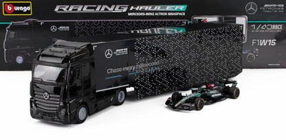 MERCEDES BENZ - ACTROS 2 GIGASPACE TRUCK CAR TRANSPORTER WITH F1 MERCEDES GP W14 TEAM MERCEDES-AMG PETRONAS FORMULA ONE SEASON 2023 GEORGE RUSSELL Scale model car on Vroomi