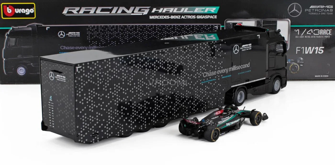 MERCEDES BENZ - ACTROS 2 GIGASPACE TRUCK CAR TRANSPORTER WITH F1 MERCEDES GP W14 TEAM MERCEDES-AMG PETRONAS FORMULA ONE SEASON 2023 GEORGE RUSSELL Scale model car on Vroomi