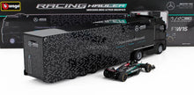 MERCEDES BENZ - ACTROS 2 GIGASPACE TRUCK CAR TRANSPORTER WITH F1 MERCEDES GP W14 TEAM MERCEDES-AMG PETRONAS FORMULA ONE SEASON 2023 GEORGE RUSSELL Scale model car on Vroomi