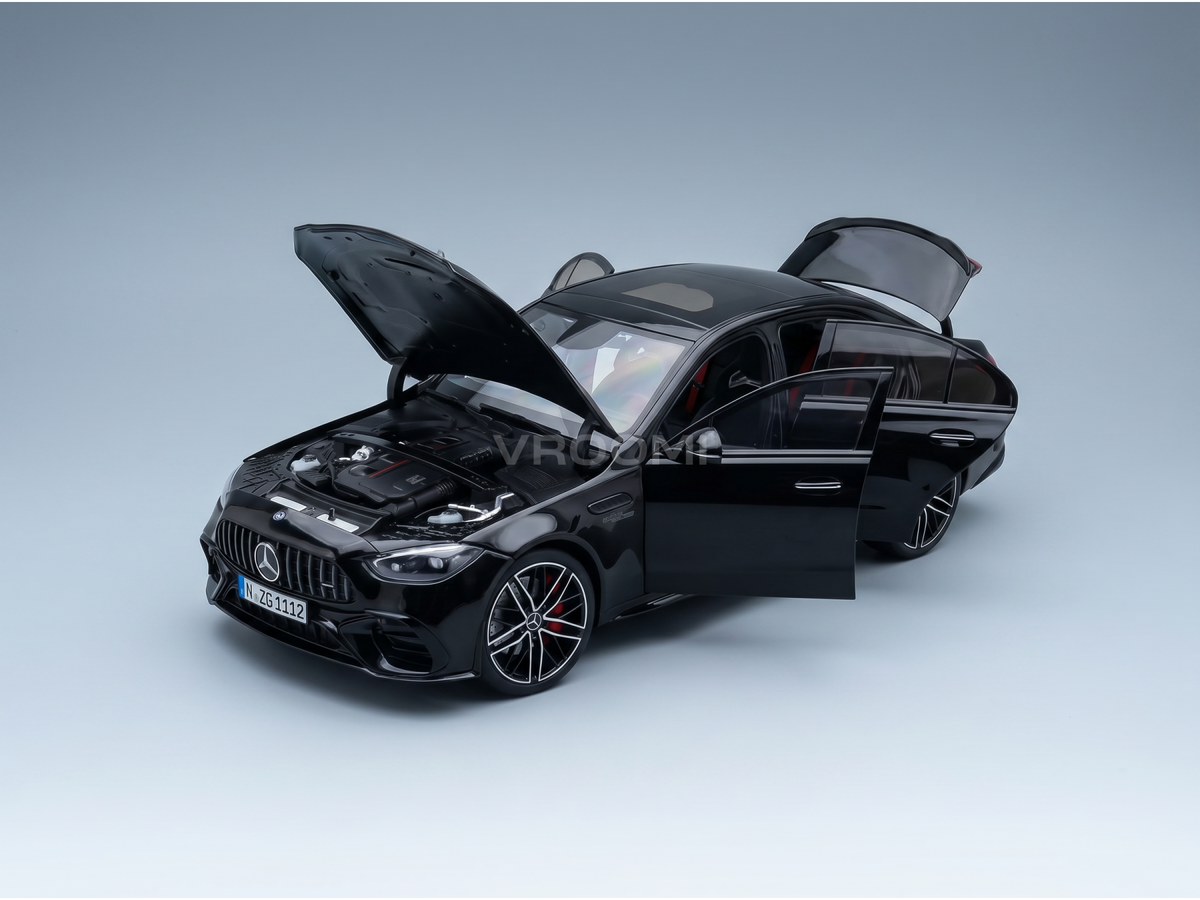Black Mercedes-Benz scale model car with open doors and hood, showcased by Vroomi for collectors.