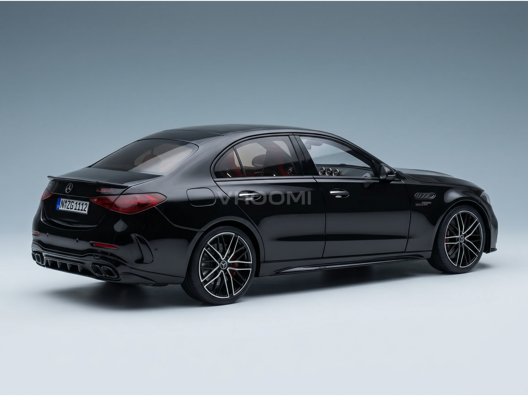 Black Mercedes-AMG C63 S scale model car from Vroomi, showcasing sleek design and detailed wheels