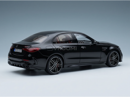 Black Mercedes-AMG C63 S scale model car from Vroomi, showcasing sleek design and detailed wheels