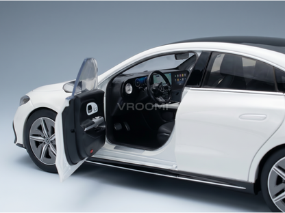 White scale model car with open door, detailed interior, from Vroomi