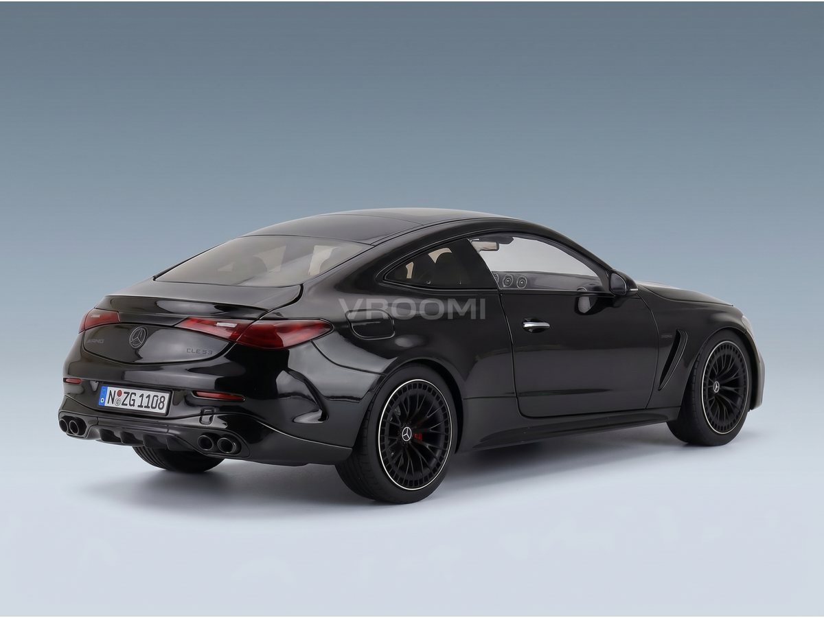 Black Mercedes-Benz CLE 53 AMG scale model car from Vroomi, showcasing sleek design and detailed wheels.
