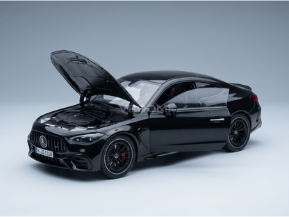 Black Mercedes-AMG GT 63 S scale model car with open hood, detailed engine, red brake calipers, at Vroomi