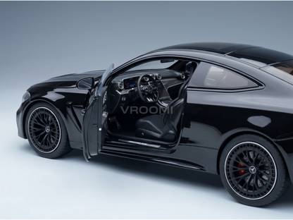 Black Mercedes-Benz scale model car with open doors, detailed interior, and Vroomi branding