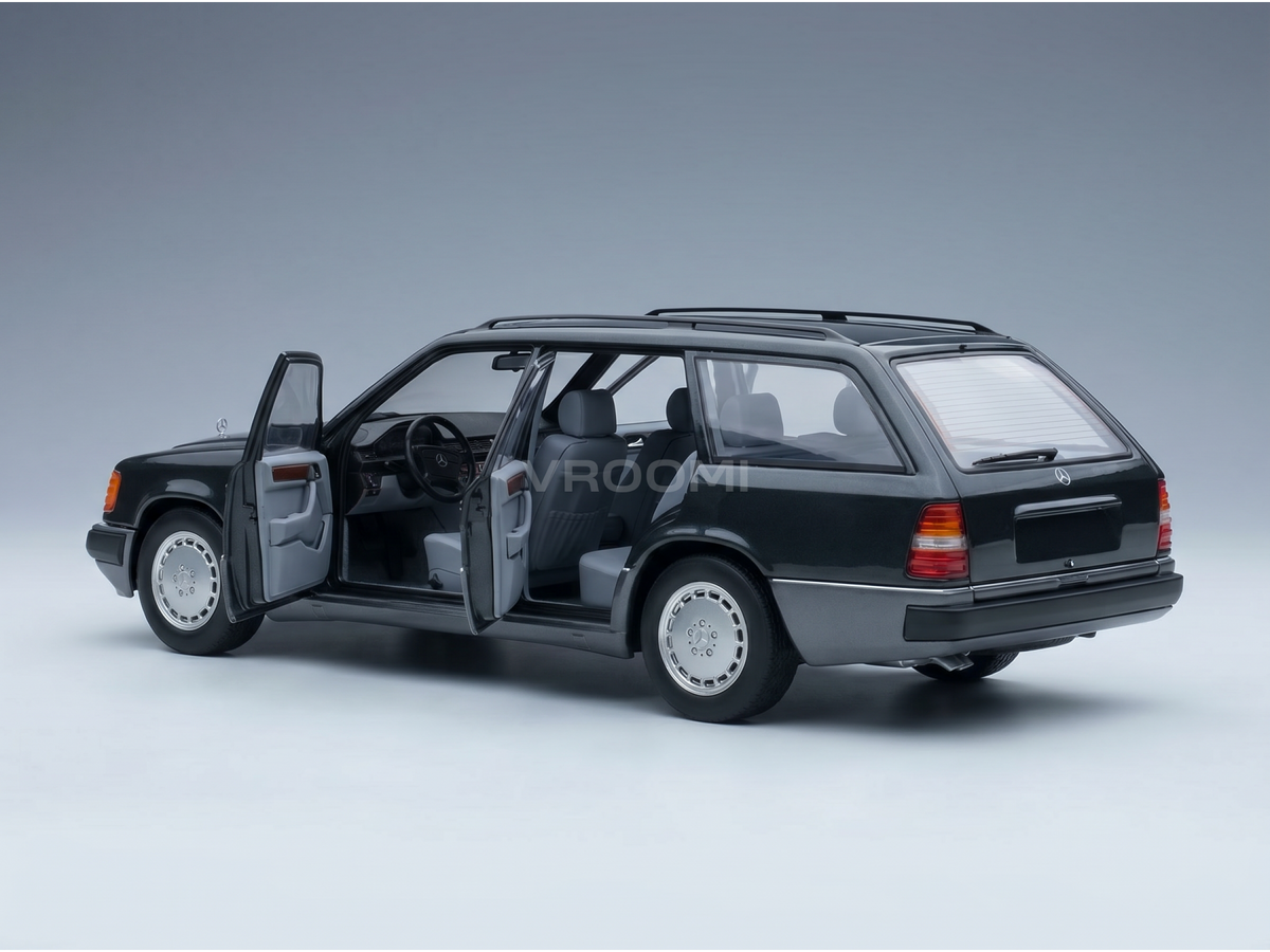 Black Mercedes-Benz W124 Estate scale model car with open doors, detailed interior, at Vroomi