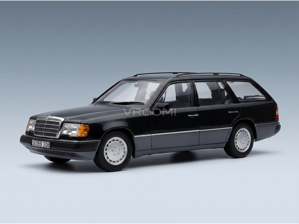 Black Mercedes-Benz E-Class Wagon scale model car from Vroomi, detailed die-cast replica with chrome wheels.