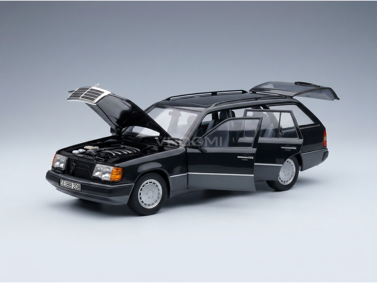 Black Mercedes-Benz E-Class Wagon scale model car with open doors and hood, showcased by Vroomi