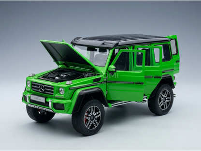 Vroomi scale model car: vibrant green Mercedes G500 4x4² with open hood and doors, detailed engine and wheels