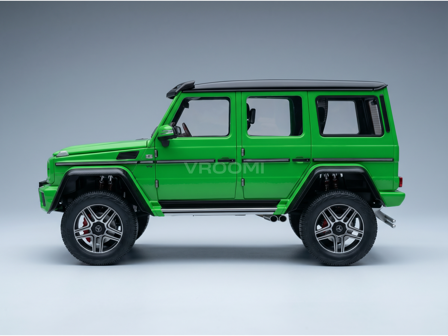 Vroomi green Mercedes-Benz G-Wagen scale model car with black roof and detailed wheels