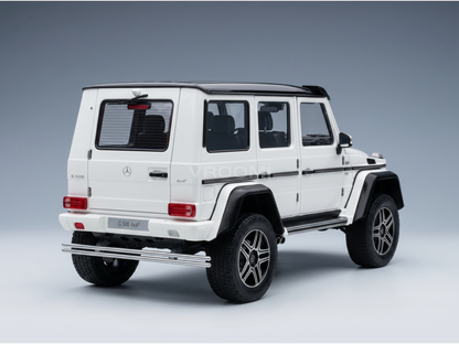 White Mercedes-Benz G500 4x4² scale model car from Vroomi, detailed rear three-quarter view