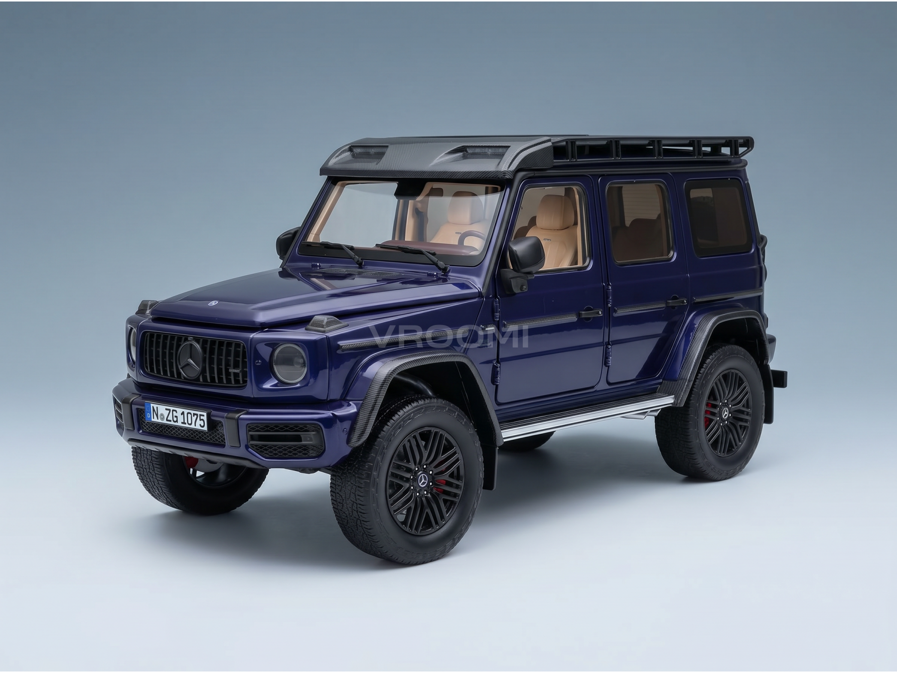 Blue Mercedes-Benz G-Wagon scale model car with roof rack, showcased by Vroomi for collectors.