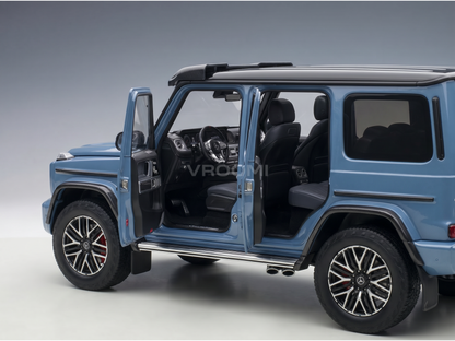 Blue Mercedes-Benz G-Wagen scale model car with open doors, detailed interior, by Vroomi