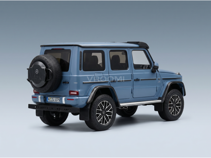 Blue Mercedes-Benz G-Wagon scale model car with spare tire, showcased by Vroomi for collectors.