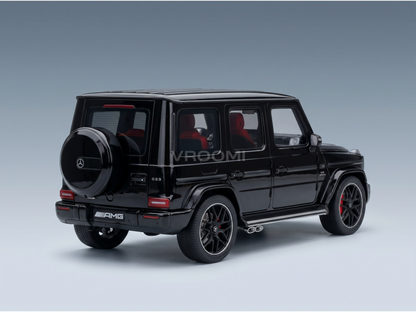 Black Mercedes-AMG G63 scale model car from Vroomi, featuring red interior and detailed design.