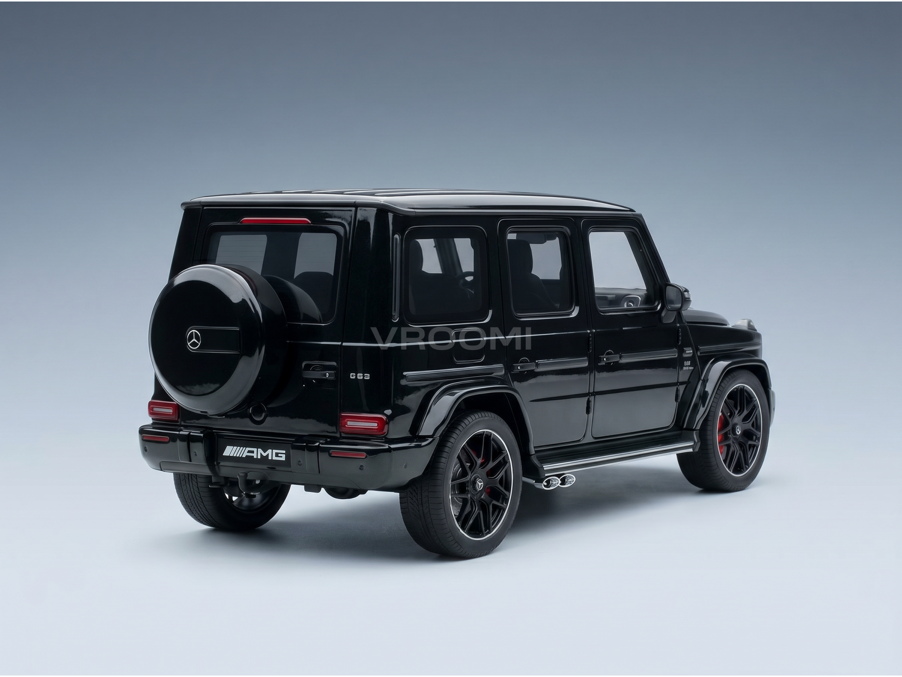 Black Mercedes-AMG G63 scale model car from Vroomi, featuring detailed design and sleek finish.
