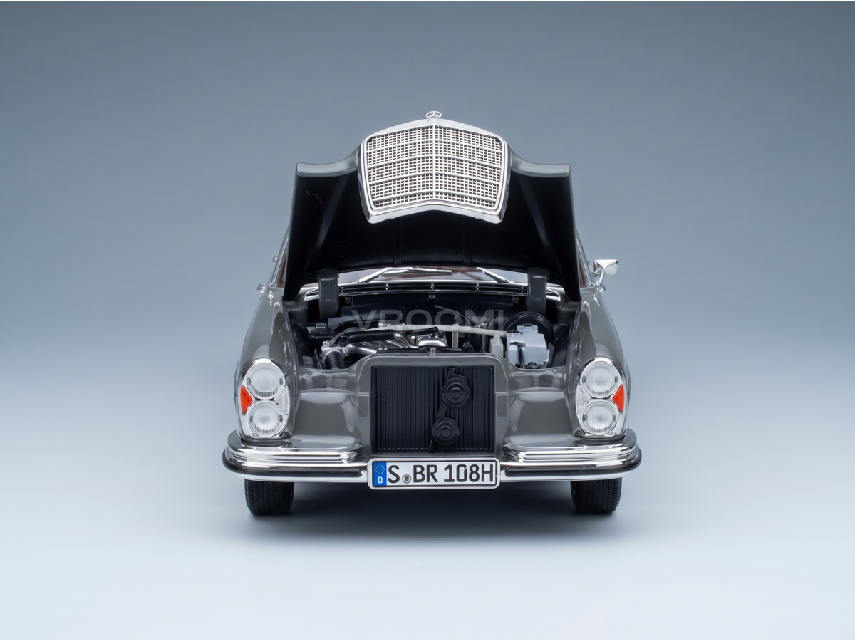Mercedes-Benz 108H scale model car with open hood, detailed engine, at Vroomi