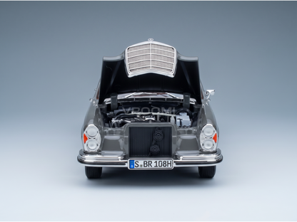 Mercedes-Benz 108H scale model car with open hood, detailed engine, at Vroomi