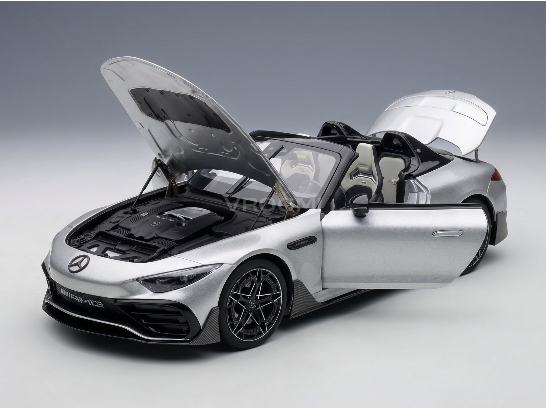 Silver Mercedes-AMG SL 63 scale model car with open doors, hood, and trunk, detailed engine and interior, Vroomi