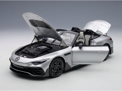 Silver Mercedes-AMG SL 63 scale model car with open doors, hood, and trunk, detailed engine and interior, Vroomi