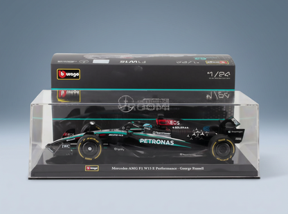 MERCEDES GP - F1  W15 EQ PERFORMANCE TEAM AMG PETRONAS MOTORSPORT N.º 63 TEMPORADA 2024 GEORGE RUSSELL - CON PILOTO Y VITRINA - NEGRO, PLATA Y VERDE