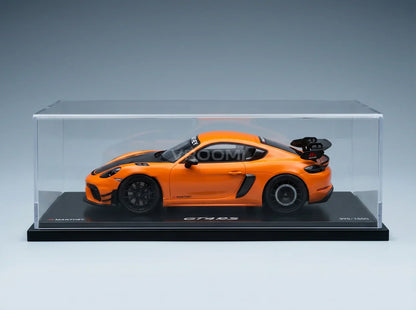 PORSCHE - 718 (982) CAYMAN GT4 RS 2024 - AVEC VITRINE - ORANGE PASTEL ET NOIR - Boutique de modèles réduits Vroomi