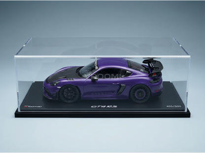 Purple Porsche GT4 RS scale model car in clear display case, limited edition 455/500 by Vroomi