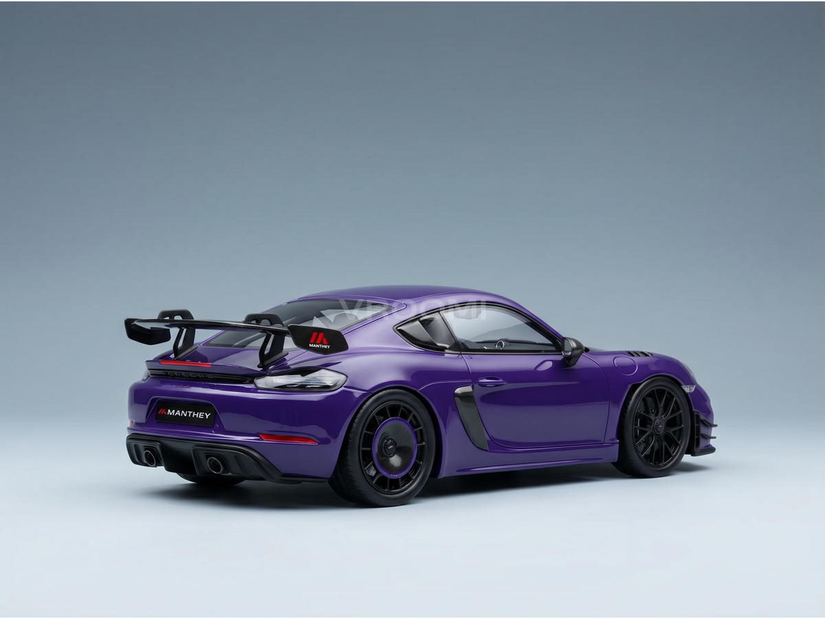 Purple Manthey Porsche GT4 RS scale model car with rear wing, showcased for Vroomi collectors