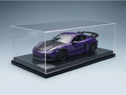 Purple Porsche scale model car in clear display case, Vroomi collector's edition