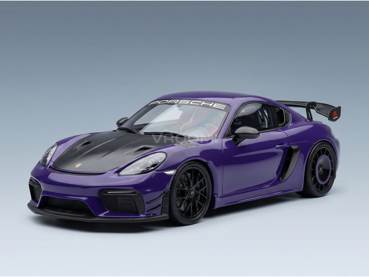 Purple Porsche scale model car with black accents, showcased by Vroomi for collectors.