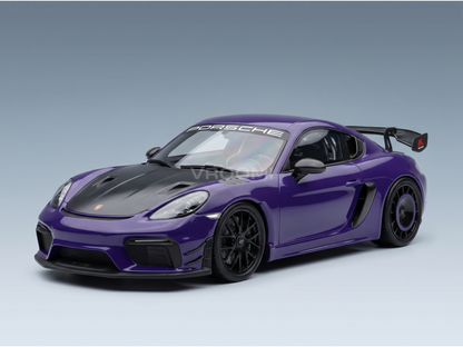 Purple Porsche scale model car with black accents, showcased by Vroomi for collectors.