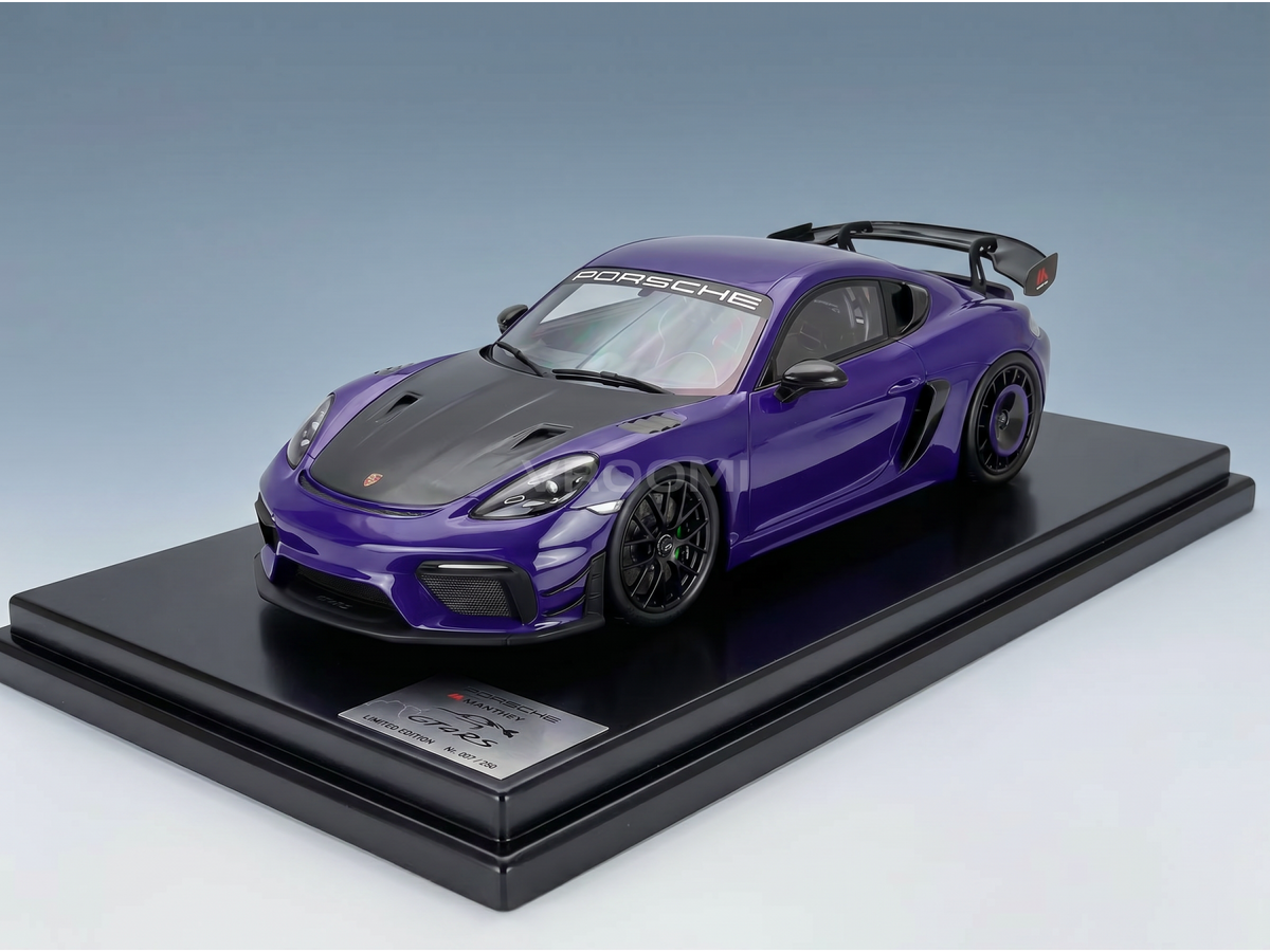 Purple Porsche scale model car on display, curated by Vroomi for collectors.