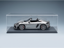 Silver Porsche Spyder RS 2023 scale model car in display case, GT Silver finish, Vroomi collection
