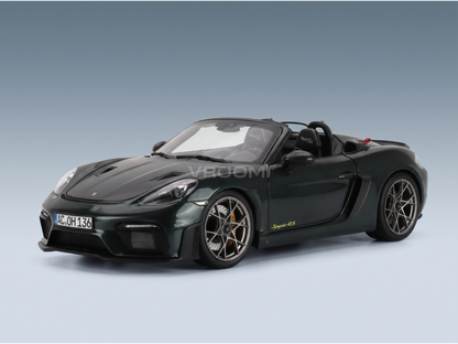 Green Porsche Spyder RS scale model car from Vroomi, featuring detailed wheels and sleek design.