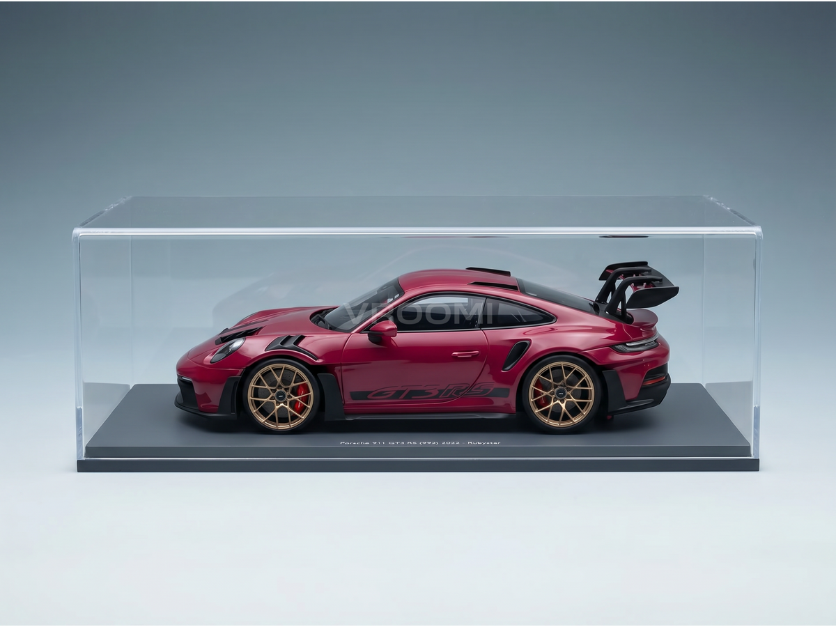 Red Porsche 911 GT3 RS 2022 scale model car in display case, Vroomi collector's edition with gold wheels