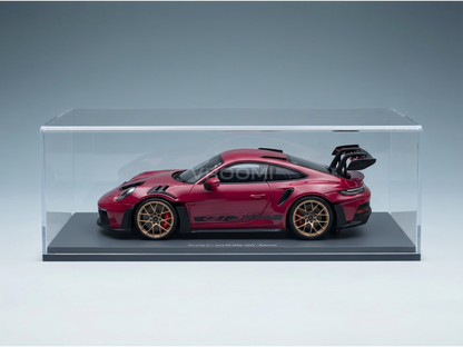 Red Porsche 911 GT3 RS 2022 scale model car in display case, Vroomi collector's edition with gold wheels